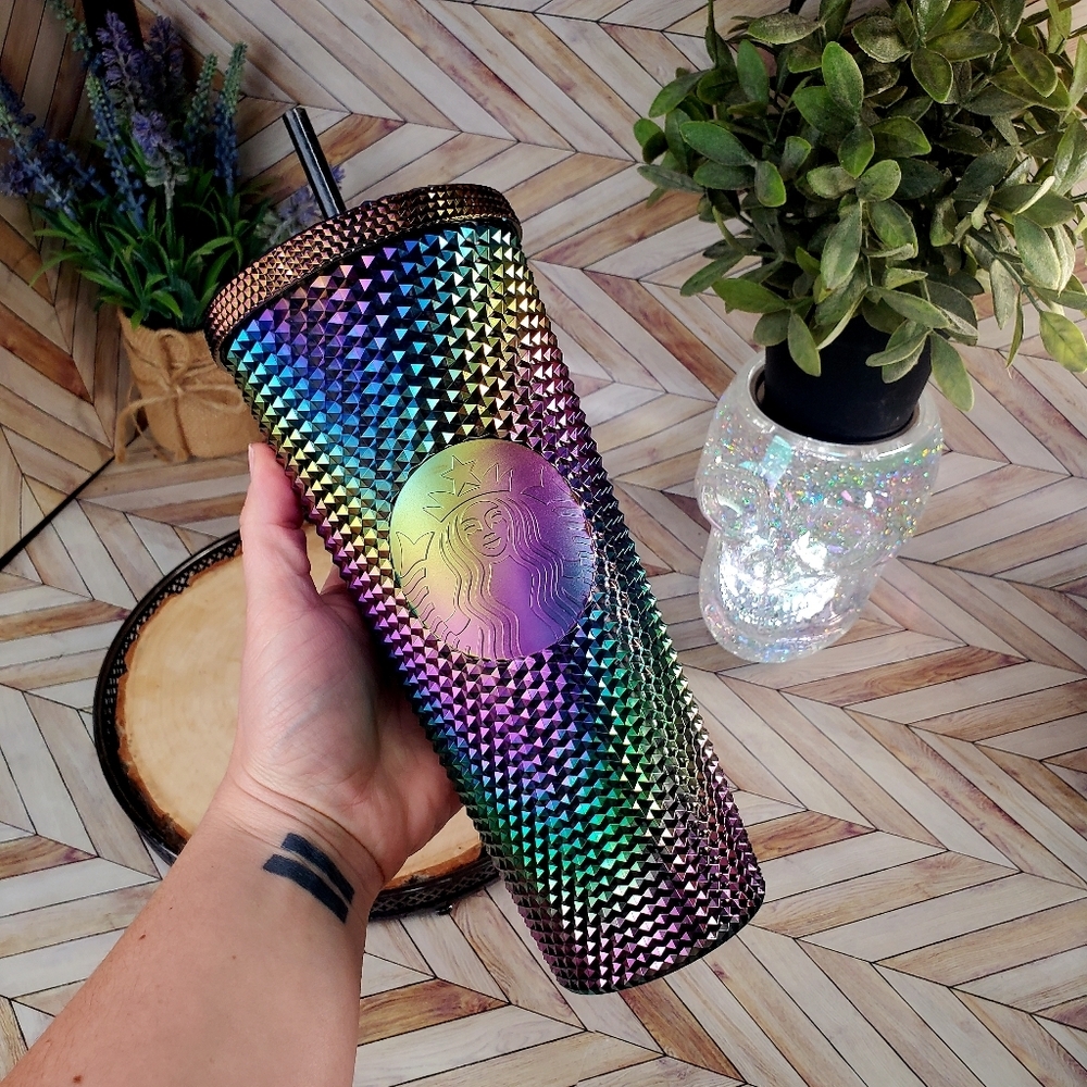 Starbucks Venti Studded Tumbler Black PVD Metallic Oil Slick Rainbow Bling NWT - Picture 2 of 5